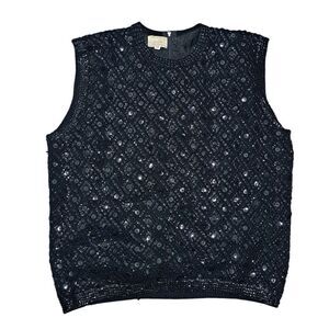 Vintage Cyn Les Wool Hand Beaded Sequin Sleeveless Top Size 40 Black